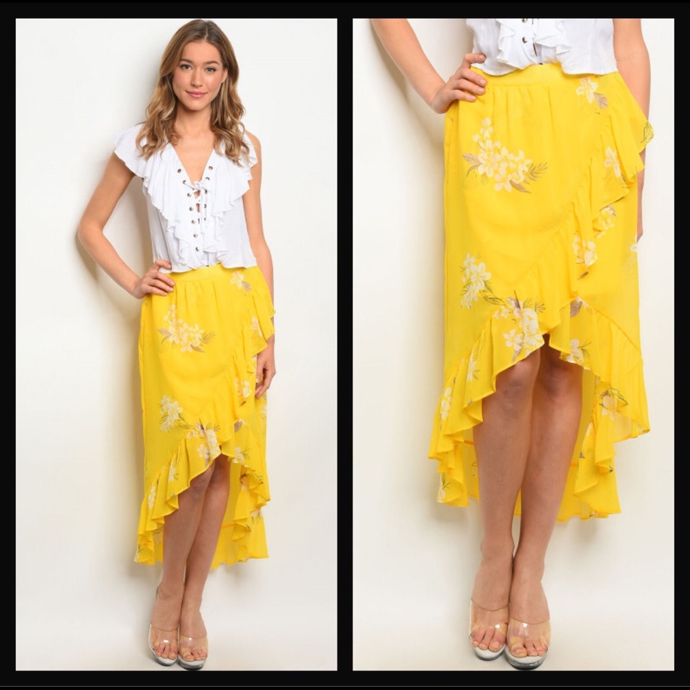 Yellow Floral High Low Ruffle Skirt - Picture 5 of 6